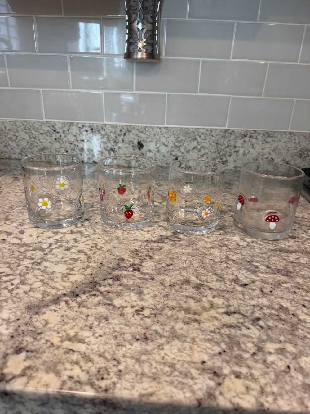 World Market Icon Juice Glass Tumblers with Floral, Strawberry, Mushroom Set 4